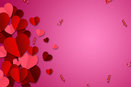 情人节快乐, 网络横幅。组成与红色, 纸心在粉红色的背景。浪漫背景, 传单, 明信片, 邀请, 光栅插图