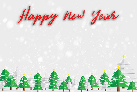 新年快乐的文本与圣诞树和降雪。新年假期概念