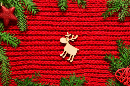 圣诞节红色针织背景冷杉, 星, 新年概念, 鹿