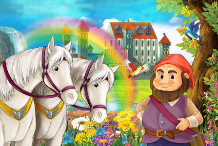 卡通场景与美丽的一对马, 流, 彩虹和宫殿的背景矮是站立和微笑的儿童插画