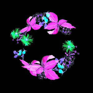 秋花花环 紫菀菊花绣球玫瑰船。水彩手绘背景, 圆框为您设计。秋季花卉设计邀请卡, 纺织印刷品, 海报