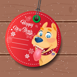 新的一年销售标记红色与狗假日折扣在木质感背景