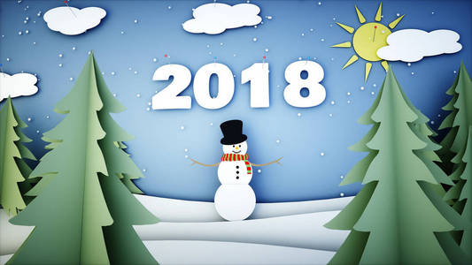 雪人纸背景。2018新年和圣诞节的快乐背景。降雪.3d 渲染
