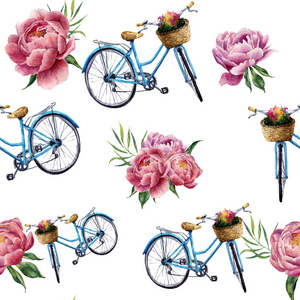 水彩花和自行车的白色背景无缝模式。设计纺织印刷和背景插图