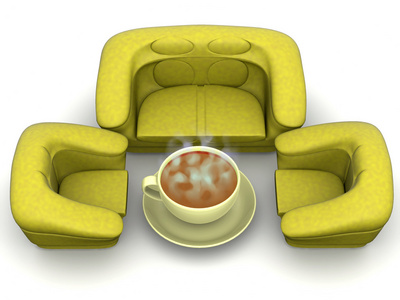 扶手椅和一杯咖啡。 3d