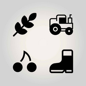 农业矢量图标集。靴子, 小麦, 樱桃和拖拉机