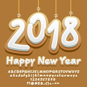 矢量快乐新年贺卡与姜饼2018。字体包含图形样式。字母符号和数字
