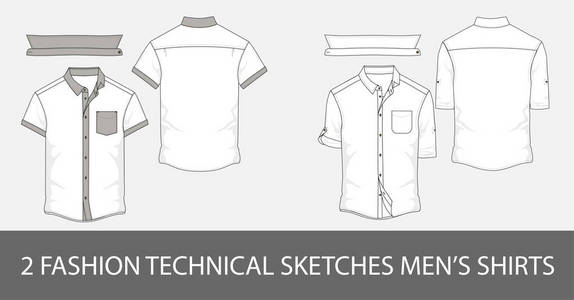 2时尚技术草图男子衬衫短袖和补丁口袋的矢量