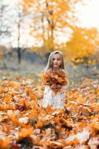 美丽的小女孩在秀丽秋天风景背景