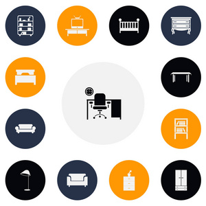 一套13可编辑的家具图标。包括橱柜, 花盆, 栈桥等符号。可用于 Web移动Ui 和信息设计