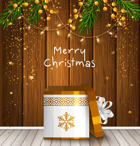 带包装礼品盒的圣诞贺卡。冷杉树枝和灯泡的木制背景。矢量