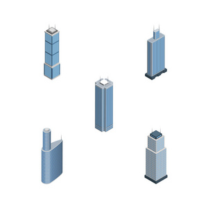 等距摩天大厦的公寓, 摩天大楼, 建筑和其他矢量对象。还包括外部, 公寓, 建筑元素