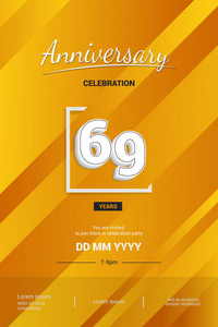 69年周年纪念标识与3d 白色数字, 向量例证在橙色背景照片