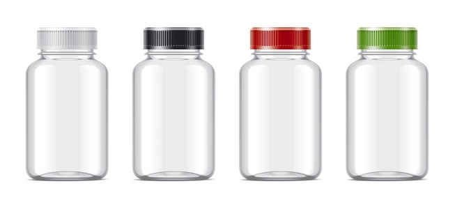 空白瓶为药片或其他药剂准备的版面编排。透明空瓶子