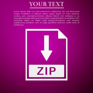 Zip 文件文档图标。下载 Zip 按钮图标在紫色背景隔离。平面设计。矢量插图