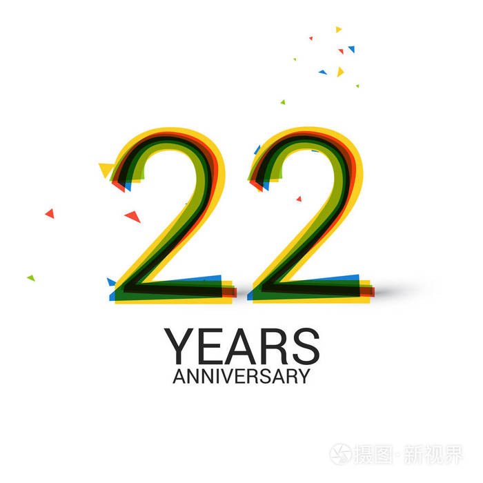 22周年纪念日分层和丰富多彩的庆祝标志在白色背景隔离