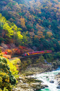 嵯峨风景线岚山Kyoyo江上的浪漫之旅, 在多彩的秋季与美丽山景的垂直形象