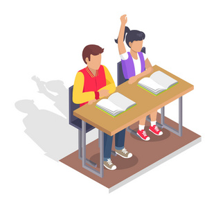 两个学生男孩和女孩坐在书桌与书