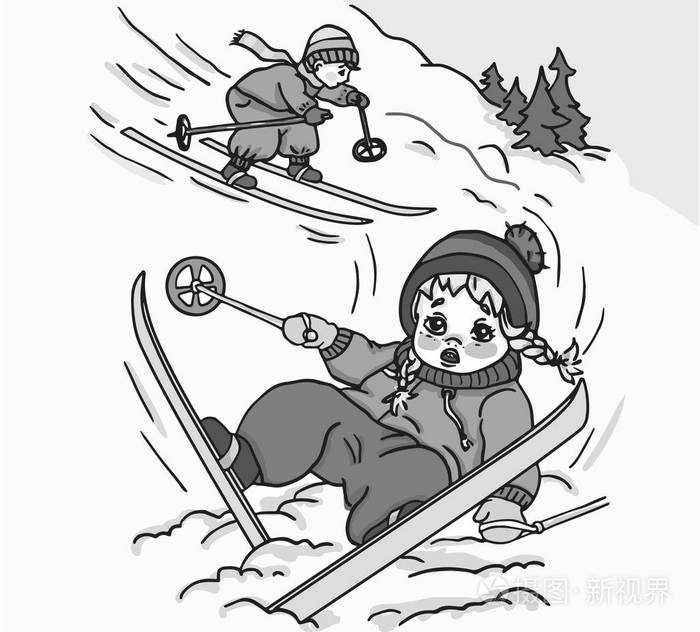 女孩滑雪时摔倒了。有趣