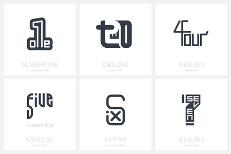 一组徽标模板, 数字一二四五六和七。原始的字体与数字 1, 2, 4, 5, 6 和7。矢量