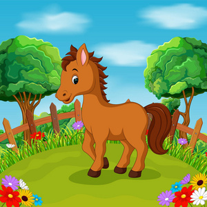 动画片愉快的马微笑在农场照片