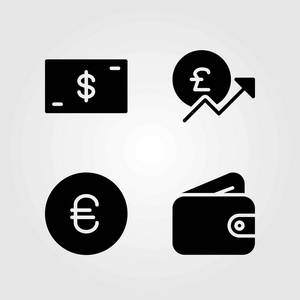 货币矢量图标设置。货币, 欧元和钱包