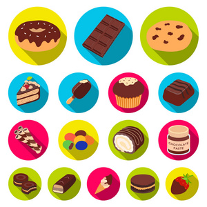 巧克力甜点在设计集集合中的平面图标。巧克力和糖果矢量符号股票网页插图