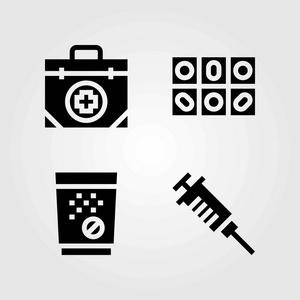 医学矢量图标设置。急救箱注射器和片剂