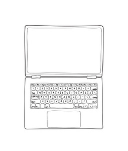 顶视图笔记本电脑手绘可爱的矢量线艺术插画