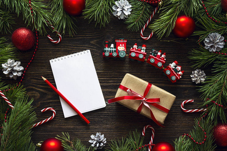 圣诞节背景与空白笔记本, 冷杉分支, decorati