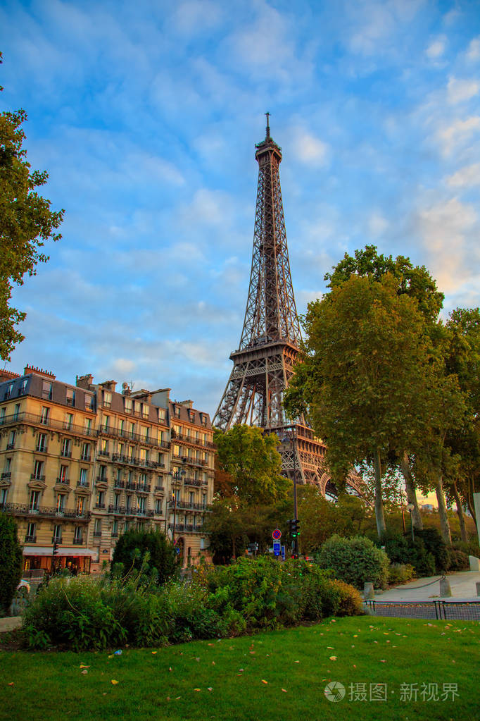 壮观的巴黎城市与古老的建筑, 公园和埃菲尔铁塔在他们身后上升照片