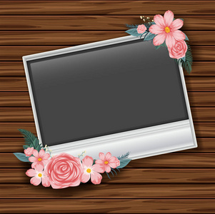 木墙粉红色玫瑰边框模板图片