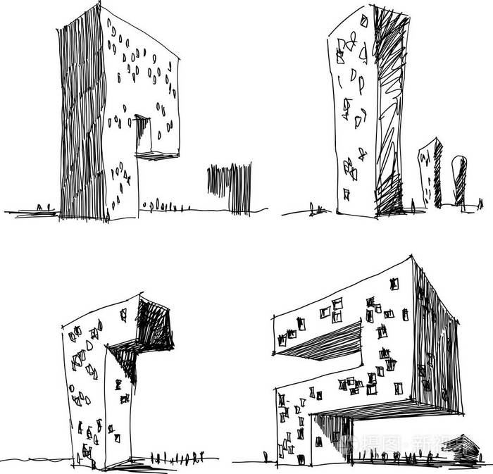 四手绘现代抽象建筑的 architectectural 草图