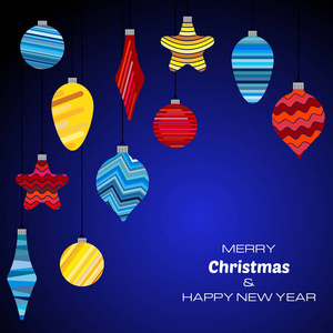 快乐圣诞和新年快乐深蓝色背景与圣诞球