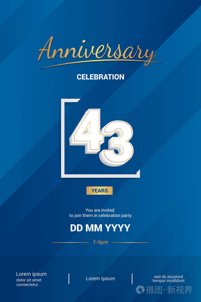 43年周年纪念标识与3d 白色数字, 向量例证在蓝色背景