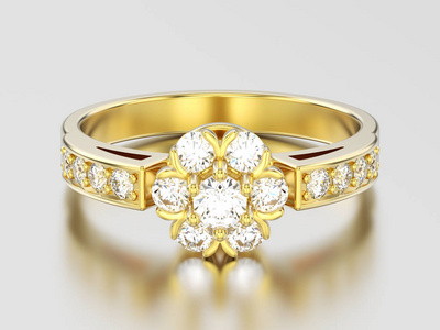 3d 插图黄色金色装饰花钻石戒指