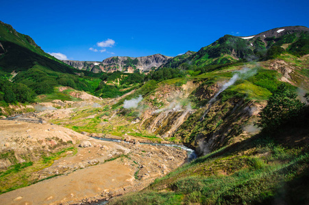 俄国的间歇泉山谷特写.顶部视图