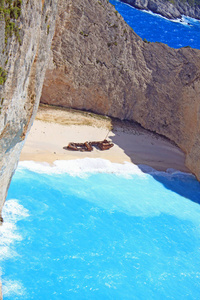 沉船海滩和 Navagio 湾。扎金索斯的最著名的自然地标, 希腊海岛在爱奥尼亚海
