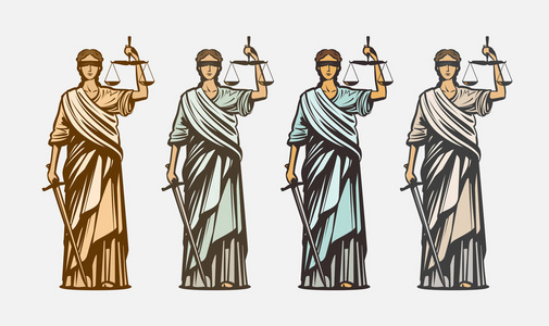 诉讼, 法官符号。夫人正义, 评断, 防御, justitia 概念。复古矢量插图