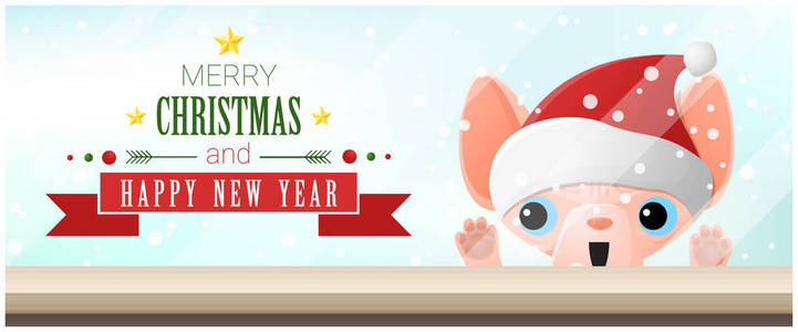 快乐的圣诞节和新年快乐背景与猫看着空表顶部 矢量 插图