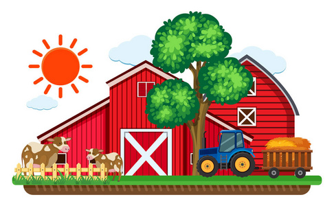 矢量平面设计与谷仓和奶牛的卡通农场房子与五谷和饲料谷仓或牛畜栏
