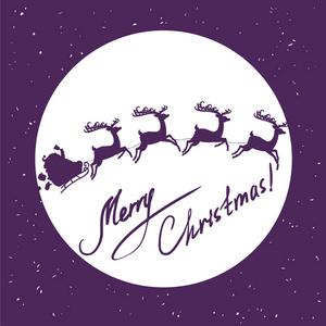 矢量插画设计圣诞老人雪橇上的驯鹿圣诞快乐新年明信片