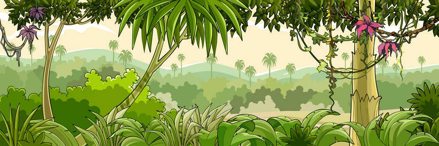 全景卡通绿色热带森林与棕榈树