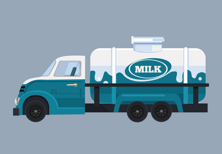 牛奶车送。矢量平面卡通插图