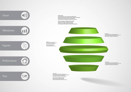3d 图图表模板以圆六角形水平分为五个绿色片