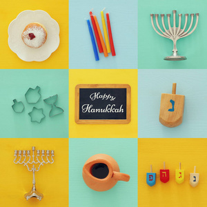 犹太节日光明节拼贴背景与传统棉纺顶部 烛台 传统烛台 甜甜圈和蜡烛