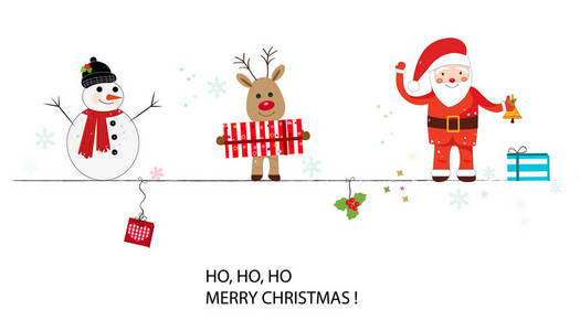 圣诞老人, 鹿, 雪人。新年快乐, 圣诞贺卡。好笑 bcakground