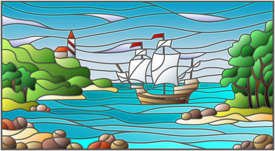海景色的彩色玻璃插图, 帆船和海上背景的岩石海湾灯塔