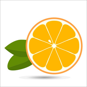橙色切片, 叶子在白色背景上被隔离。装饰徽自然产品农贸市场的矢量插图