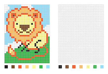 像素卡通狮子在着色页与编号的
